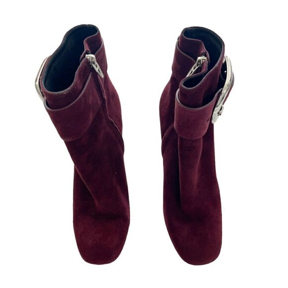 Alexander Wang Kenze Bordeaux Suede Buckle Chunky Heel Booties Women's Sz 36.5 - Picture 2 of 10